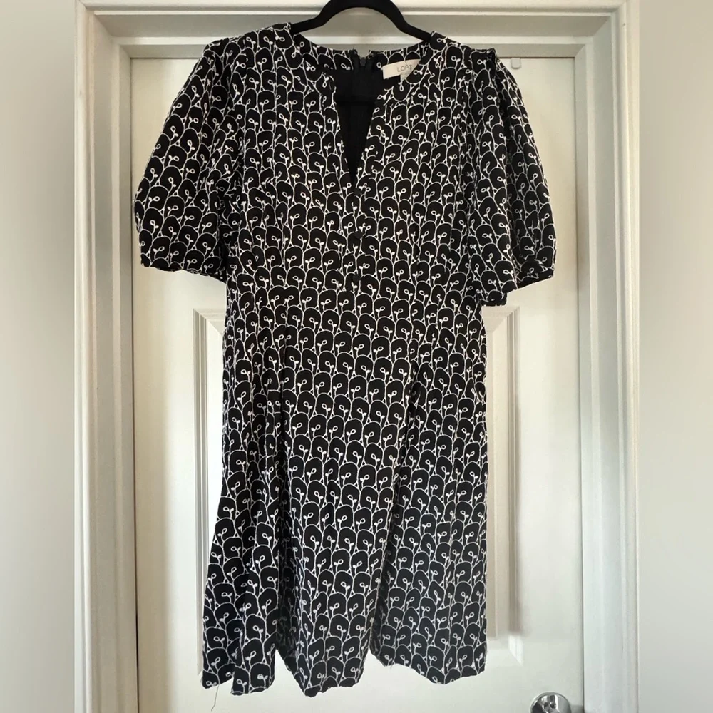 Loft Embroidered Mini Dress Size 12 Cotton Black Short Sleeves Puff Sleeve - Picture 4 of 5